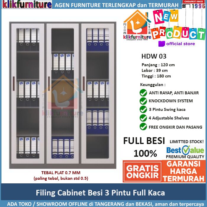 Lemari Arsip Besi Filing Cabinet Besi 3 Pintu Kaca HDW 03 0.7mm